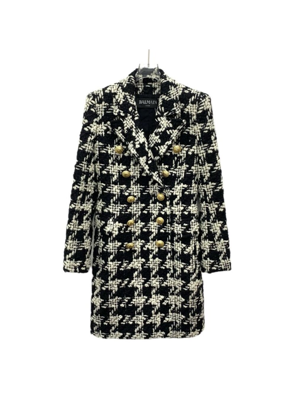 Balmain Color-Block Houndstooth Wool Coat
